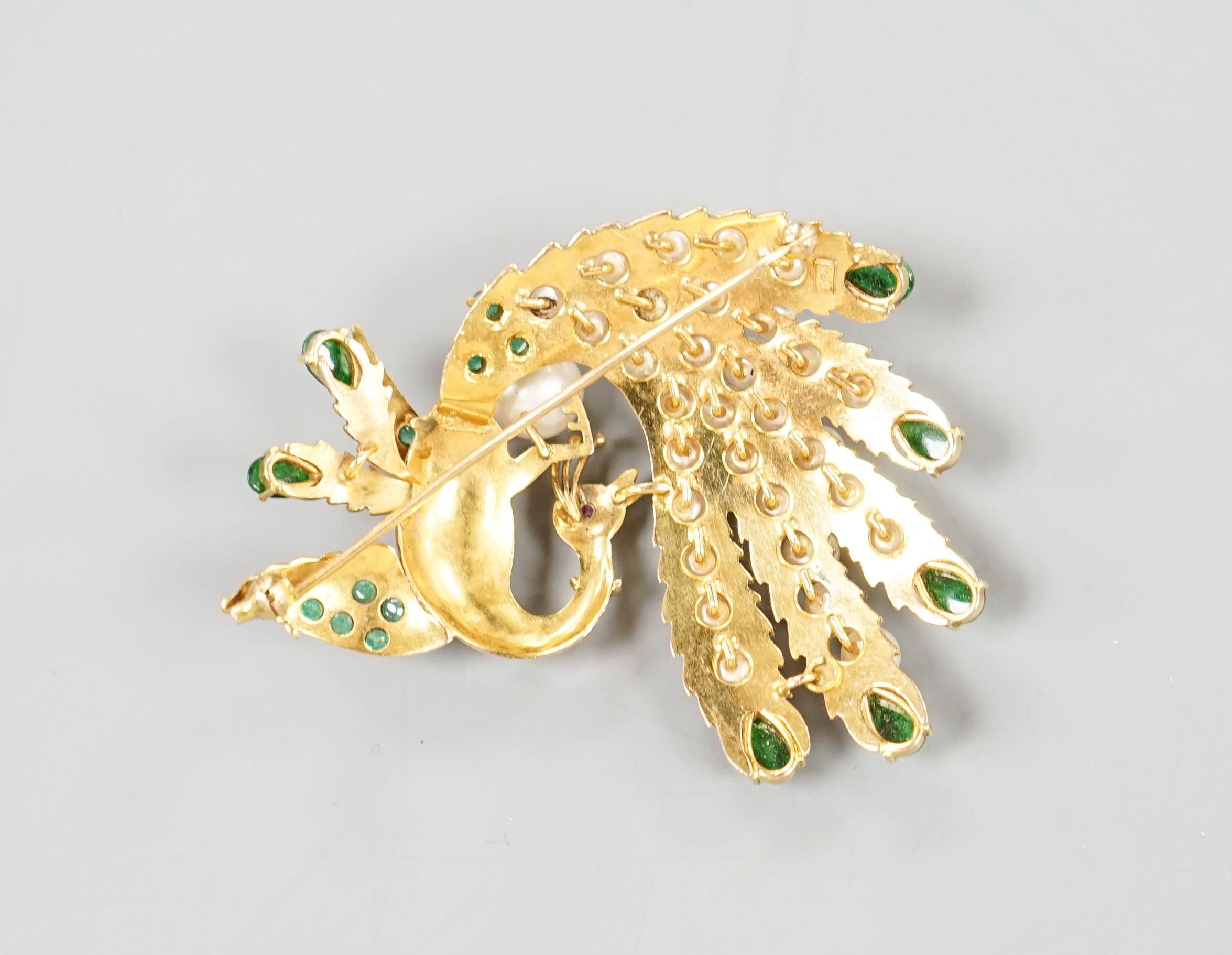 A 14k gold, emerald, graduated cultured pearl and green enamel set peacock brooch, 58mm